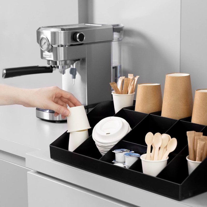 deflecto coffee and tea station organiser, black, 10 compartments, polystyrene, 440×280×130 mm